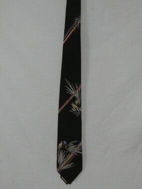 Vintage LEONARD PARIS Made In Italy Pure Silk Tie Black Tropical Bird Bamboo